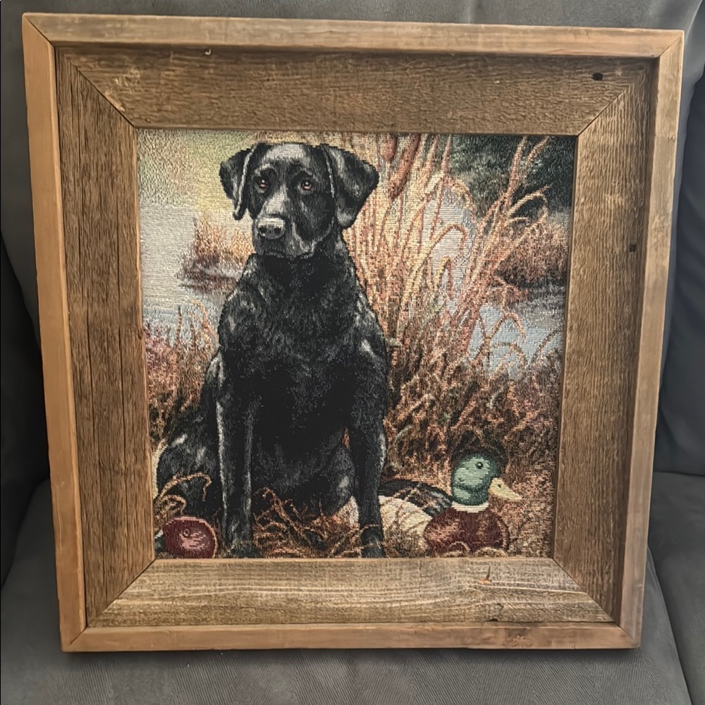 Rustic Black Lab Labrador Dog and Duck in Field Framed Tapestry Art
